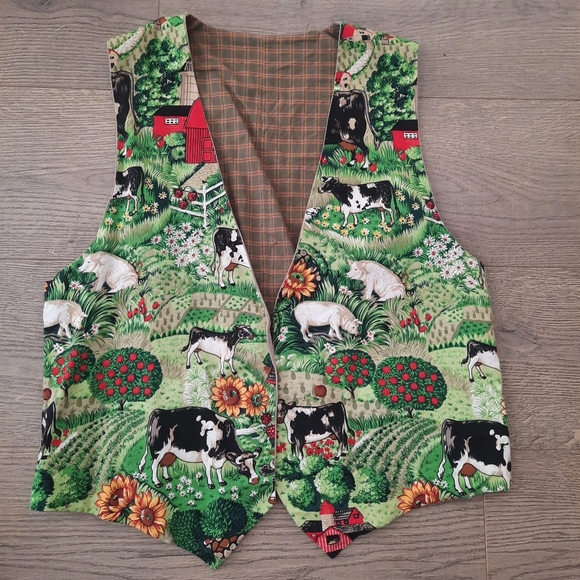 Vintage Jackets & Blazers - Vintage Colorful Farm Print Reversible Vest Cottagecore Western Whimsical Fun